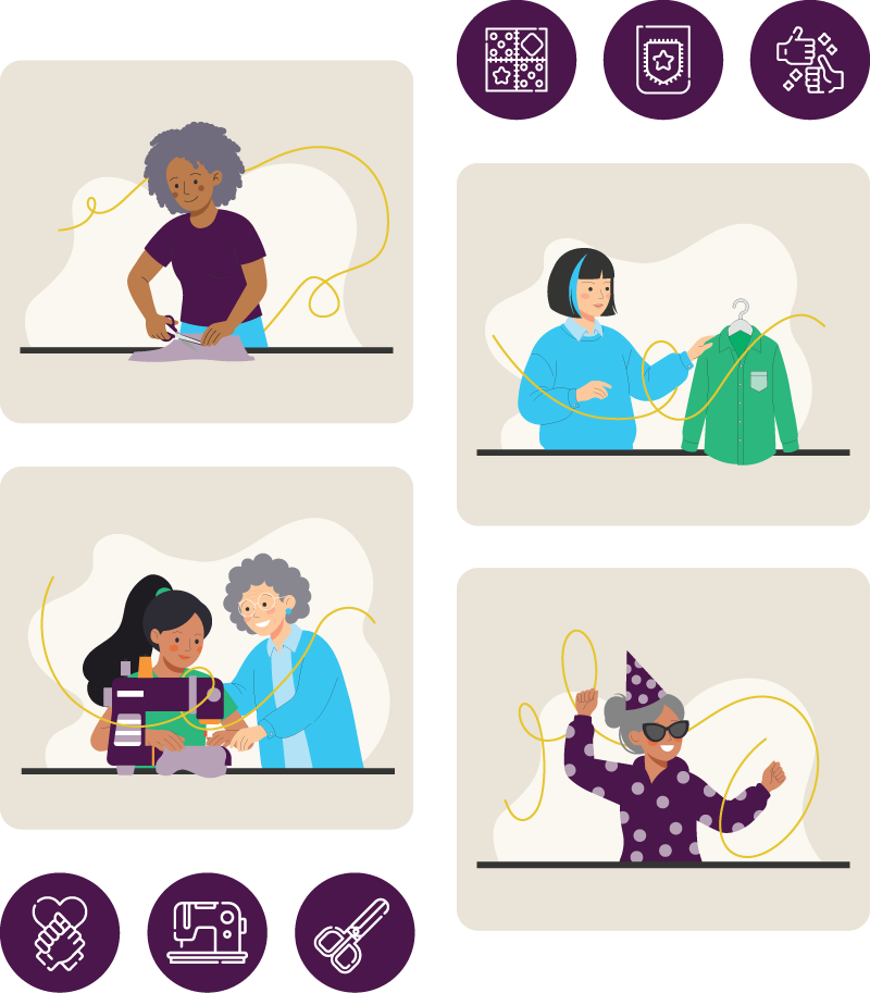 Illustrations of people sewing, tailoring clothing, learning together, and celebrating, representing The Sewing Labs community.