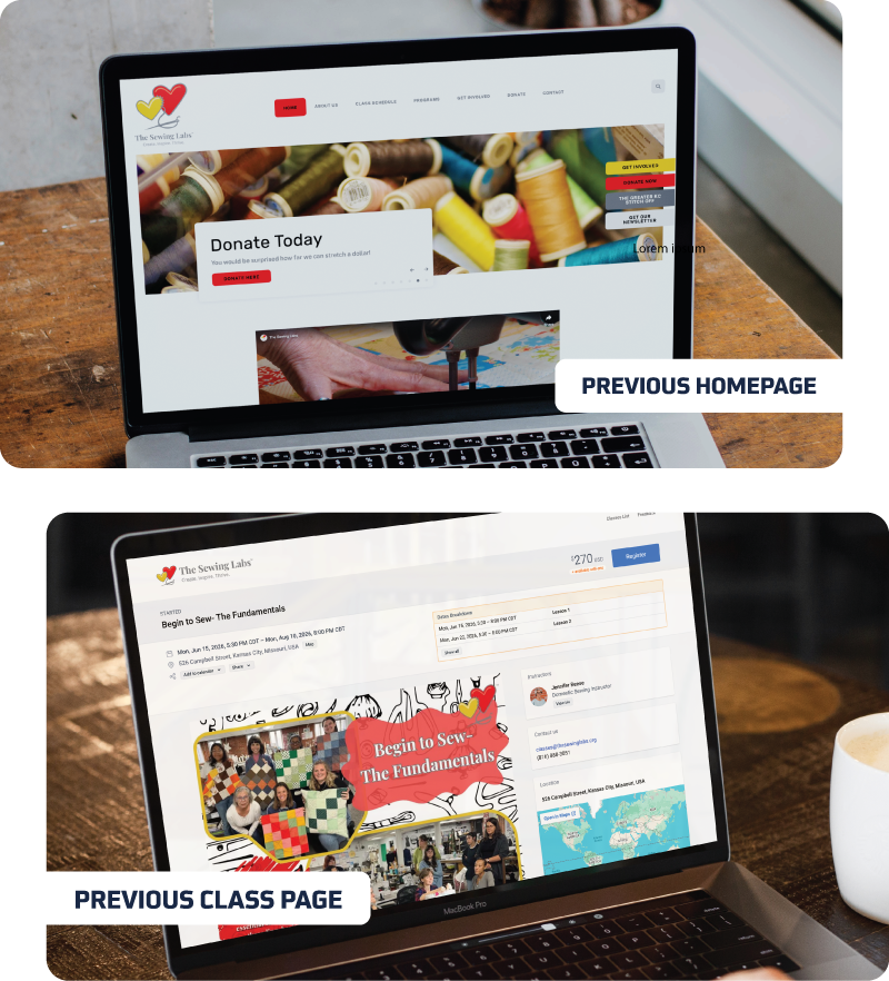 The Sewing Labs’ previous website homepage and class registration page shown on laptop screens before the nonprofit website redesign.